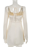 Apricot Sexy Solid Color Patchwork Backless Ruched Strap Design Zipper Square Neck A Line Dresses