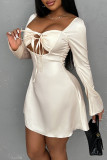 Apricot Sexy Solid Color Patchwork Backless Ruched Strap Design Zipper Square Neck A Line Dresses