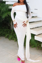 White Elegant Solid Color Patchwork Backless Ruched Oblique Collar Long Dresses