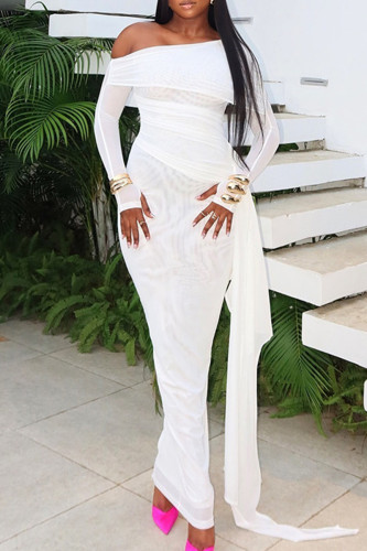 White Elegant Solid Color Patchwork Backless Ruched Oblique Collar Long Dresses