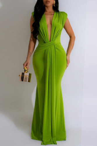 Green Sexy Casual Solid Patchwork V Neck Long Dresses