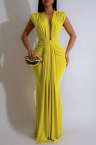 Yellow Sexy Casual Solid Patchwork V Neck Long Dresses