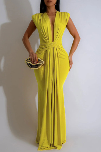 Yellow Sexy Casual Solid Patchwork V Neck Long Dresses
