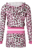Pink Casual Leopard Print Draw String Pocket Patchwork Zipper Zipper Collar Long Sleeve Two Pieces