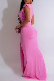 Red Sexy Casual Solid Patchwork V Neck Long Dresses