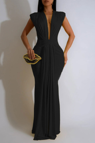 Black Sexy Casual Solid Patchwork V Neck Long Dresses