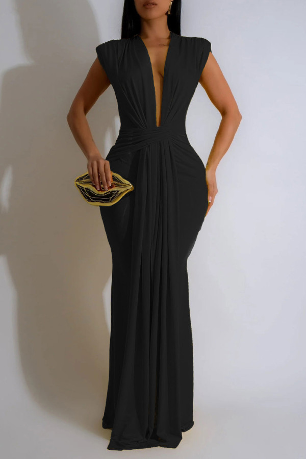 Black Sexy Casual Solid Patchwork V Neck Long Dresses