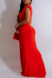 Red Sexy Casual Solid Patchwork V Neck Long Dresses