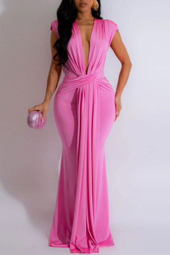 Pink Sexy Casual Solid Patchwork V Neck Long Dresses
