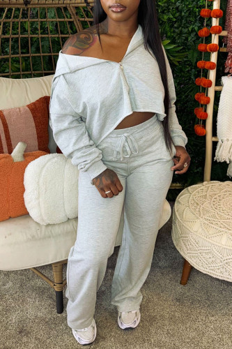 Grey Casual Zipper Collar Long Sleeve Crop Jackets And Pocket Lace Up Pants Two Pieces Sweatsuit Sets