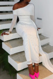 White Elegant Solid Color Patchwork Backless Ruched Oblique Collar Long Dresses