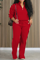 Red Casual Solid Color Draw String Pocket Patchwork Zipper Zipper Collar Long Sleeve Two Pieces