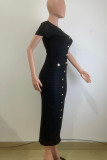 White Elegant Solid Color Buttons Patchwork O Neck Long Dresses