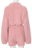 Pink Casual Solid Color Draw String Patchwork Zipper Zipper Collar Long Sleeve Two Pieces
