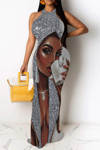 Silver Sexy Geometric Print Map Printing Hollow Out Contrast O Neck One Step Skirt Dresses