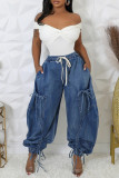 Blue Street Solid Color Draw String Pocket Patchwork Strap Design High Waist Loose Denim Jeans