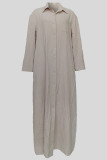 Apricot Casual Solid Color Buckle Patchwork Turndown Collar Long Dresses