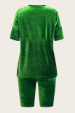 Green Casual Solid Color Patchwork O Neck Short Sleeve Two Pieces