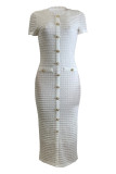 White Elegant Solid Color Buttons Patchwork O Neck Long Dresses