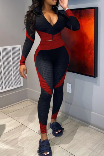 Red Casual Patchwork Zipper Contrast Zipper Collar Plus Size Two Pieces