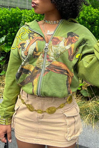 Green Casual Print Pocket Patchwork Zipper Zipper Collar Outerwear