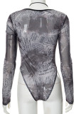 Black Sexy Print Hollow Out Patchwork Asymmetrical Collar Skinny Bodysuits