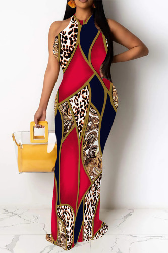 Red Sexy Geometric Print Map Printing Hollow Out Contrast O Neck One Step Skirt Dresses
