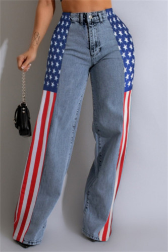 Blue Casual American Flag Print Patchwork Straight High Waist Straight Patchwork Bottoms