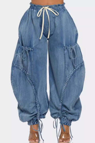 Blue Street Solid Color Draw String Pocket Patchwork Strap Design High Waist Loose Denim Jeans