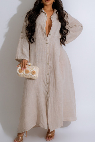 Apricot Casual Solid Color Buckle Patchwork Turndown Collar Long Dresses
