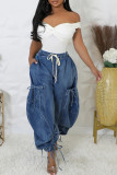 Blue Street Solid Color Draw String Pocket Patchwork Strap Design High Waist Loose Denim Jeans