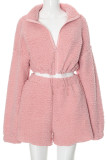 Pink Casual Solid Color Draw String Patchwork Zipper Zipper Collar Long Sleeve Two Pieces