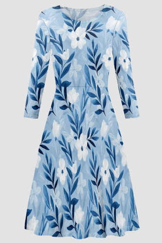 Blue Elegant Print Patchwork O Neck A Line Dresses