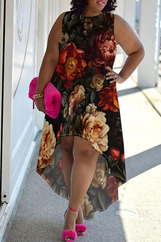 Black Red Elegant Print Patchwork O Neck Irregular Plus Size Dresses