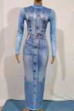 Blue Street Print Patchwork O Neck Long Dresses