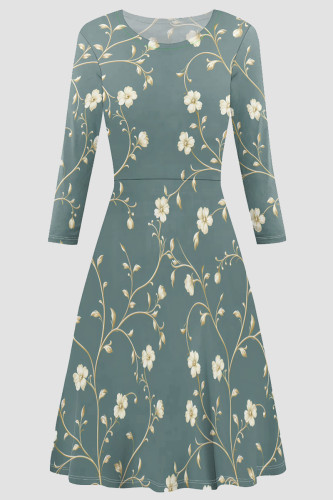 Light Cyan Elegant Print Patchwork O Neck A Line Dresses