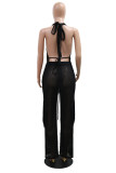 Apricot Black Sleeveless Tassel Crochet Cami Top and Straight Leg Pant Formal Evening Party Pant Sets