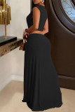 Black Sexy Solid Color Hollow Out Patchwork High Slit Deep V Neck Long Dresses