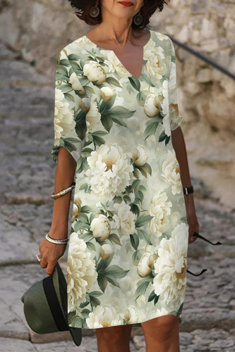 White Elegant Print Patchwork V Neck Long Dresses