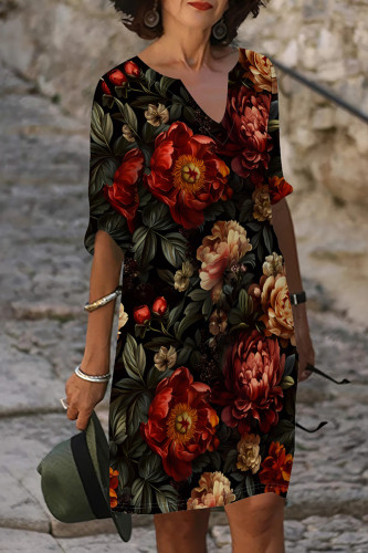 Black Red Elegant Print Patchwork V Neck Long Dresses