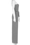 Black White Striped Print Sleeveless Strapless Fringed Tirm Tube Top Straight Leg Jumpsuit