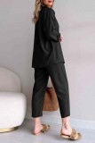 Black Casual Solid Color Buttons Turndown Collar Short Sleeve Two Pieces