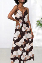 Brown Sexy Print Patchwork Backless Spaghetti Strap Sling Dresses
