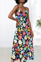 Multicolor Sexy Print Patchwork Backless Spaghetti Strap Sling Dresses