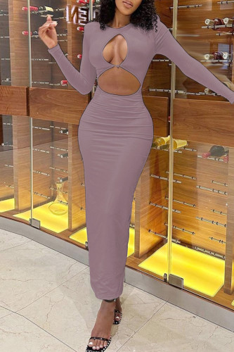 Bare Color Elegant Solid Color Hollow Out Patchwork O Neck Long Dresses