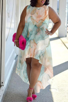 Cyan Elegant Print Patchwork O Neck Irregular Plus Size Dresses