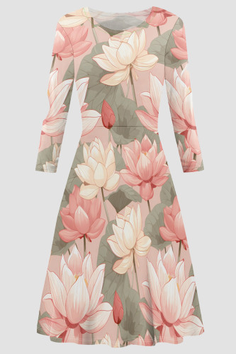Pink Elegant Print Patchwork O Neck A Line Dresses