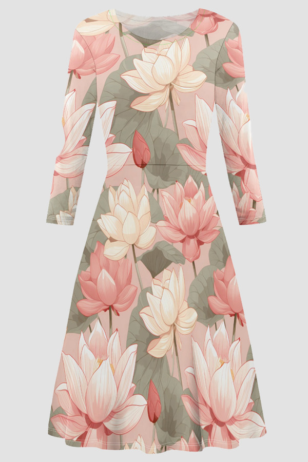 Pink Elegant Print Patchwork O Neck A Line Dresses