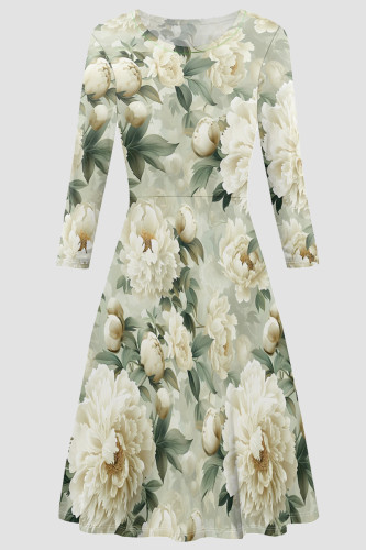 White Elegant Print Patchwork O Neck A Line Dresses