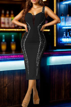 Black Sexy Patchwork Backless Hot Drill Zipper Asymmetrical Collar Wrapped Skirt Dresses